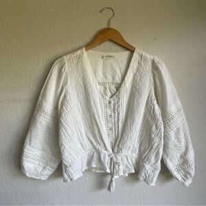 Lucky Brand White Eyelet Tie-Front Peasant Blouse